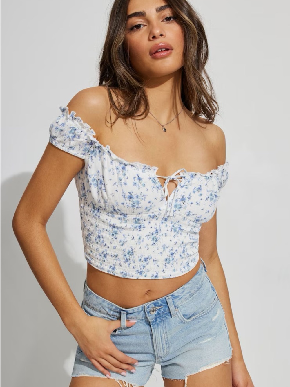Off-Shoulder Floral Tie-Front Crop Top in White/Blue
